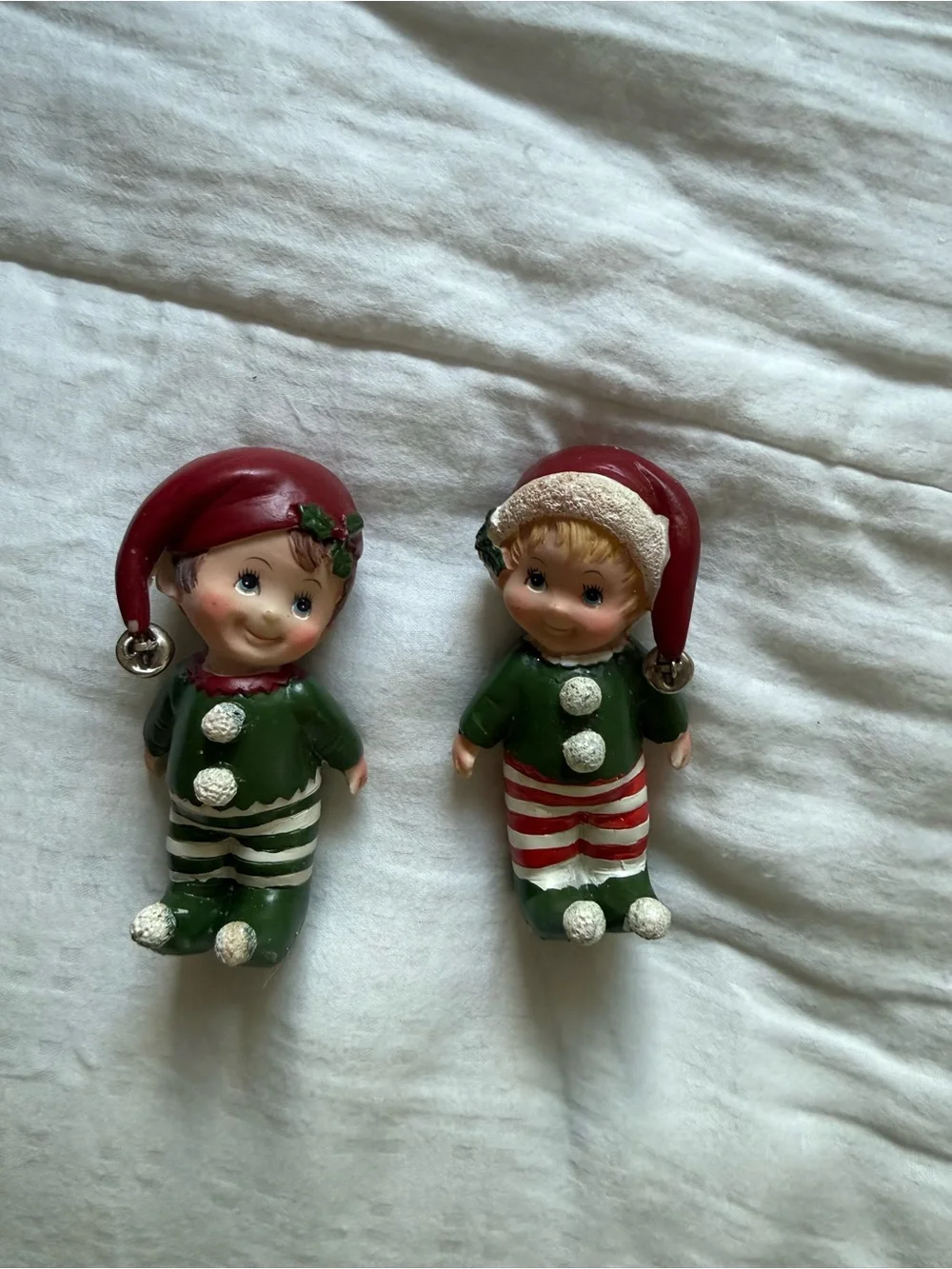 Vintage 80’s Cute Pair of Holiday Elf Figurines in Red & Green